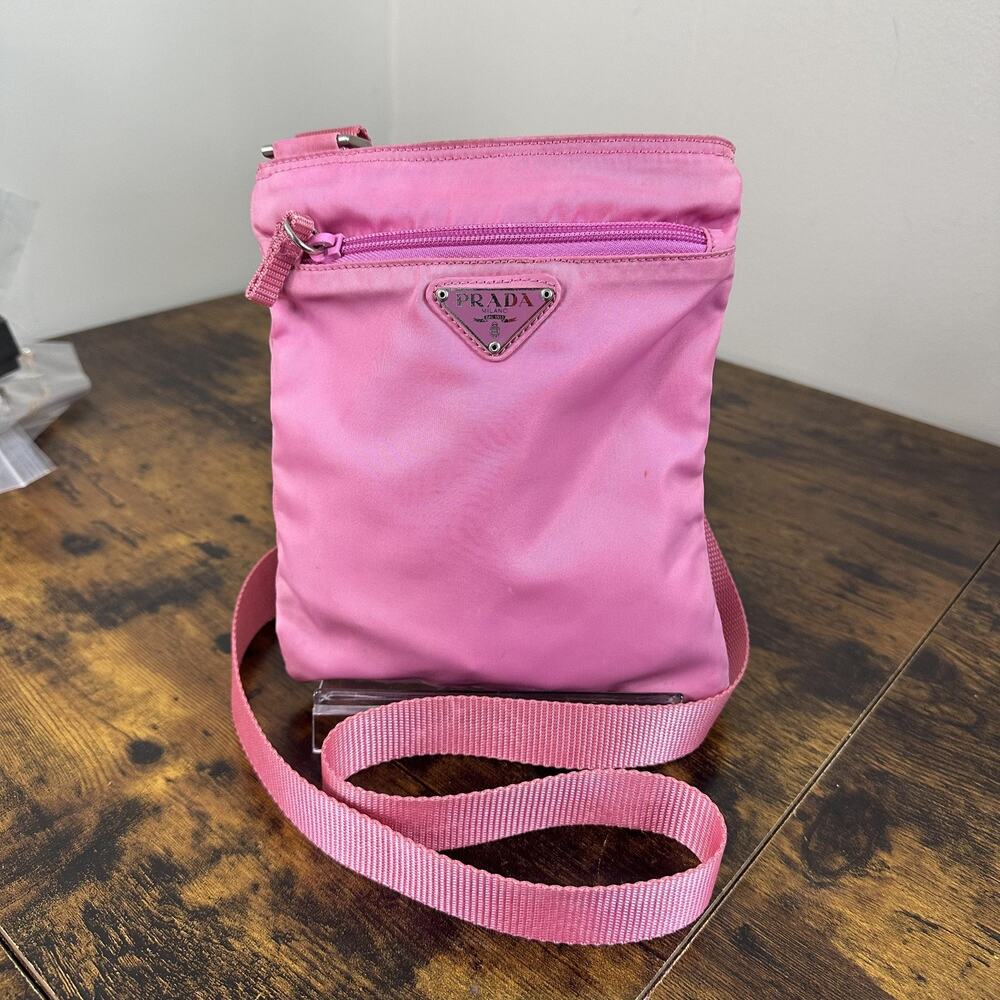 Prada Crossbody Bag Womens Small Pink Nylon Leather Adjustable Strap Italy